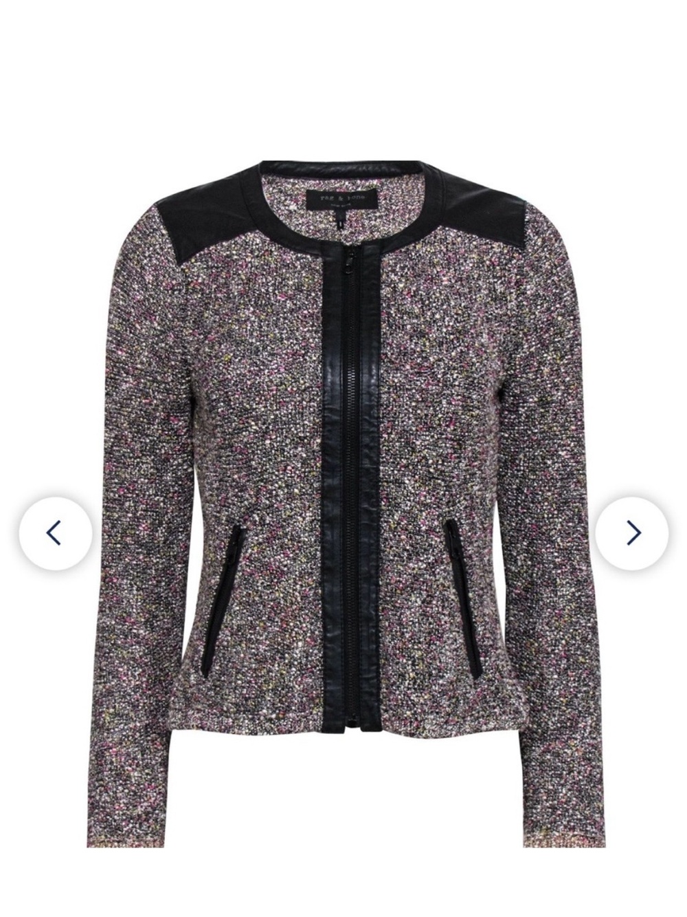 Rag & Bone Women’s Tweed Zip-Front Jacket, leather Trim Full Zip, Long Sleeve L.